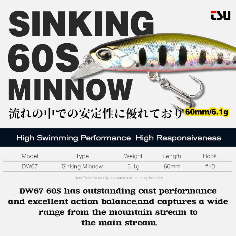TSURINOYA Đánh Chìm Minnow 60 60mm 6.1g DW67 Mới Mồi Câu Cá Chuyên Nghiệp Cứng Dụ Bút Chì Wobbler Crankbait Bass pike Mồi Câu