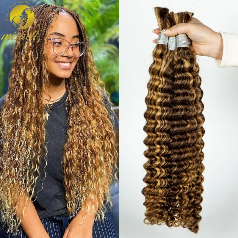 Highlight Ombre Deep Wave Bulk 26 28 Inches Human Hair For Braiding No Weft 100% Virgin Hair Curly Extensions For Boho Braids