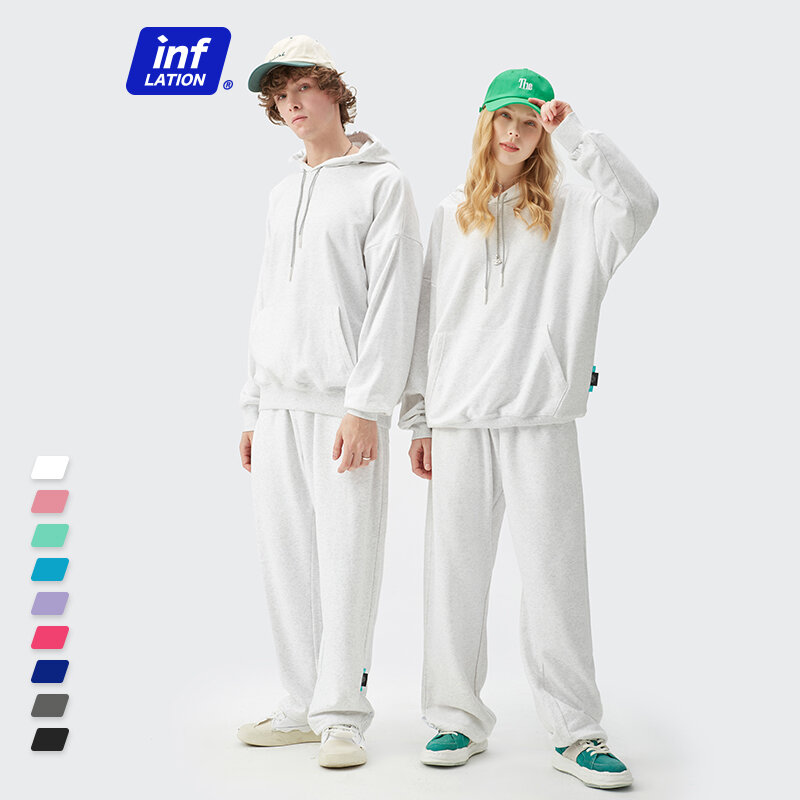 INFLATION Couple – ensemble à capuche surdimensionné, couleur bonbon, en coton, pour homme, Streetwear urbain, survêtement Hip Hop, survêtement