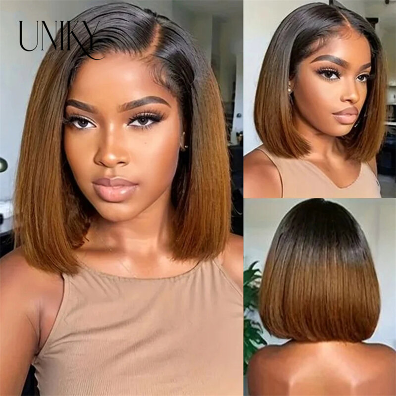 Cheap 4*4 Lace Closure Bob Wigs Straight 10 12 14Inch 100% Human Hair Ombre Dark Roots Brown T1B/30 Colored Bob Wig 150% Density