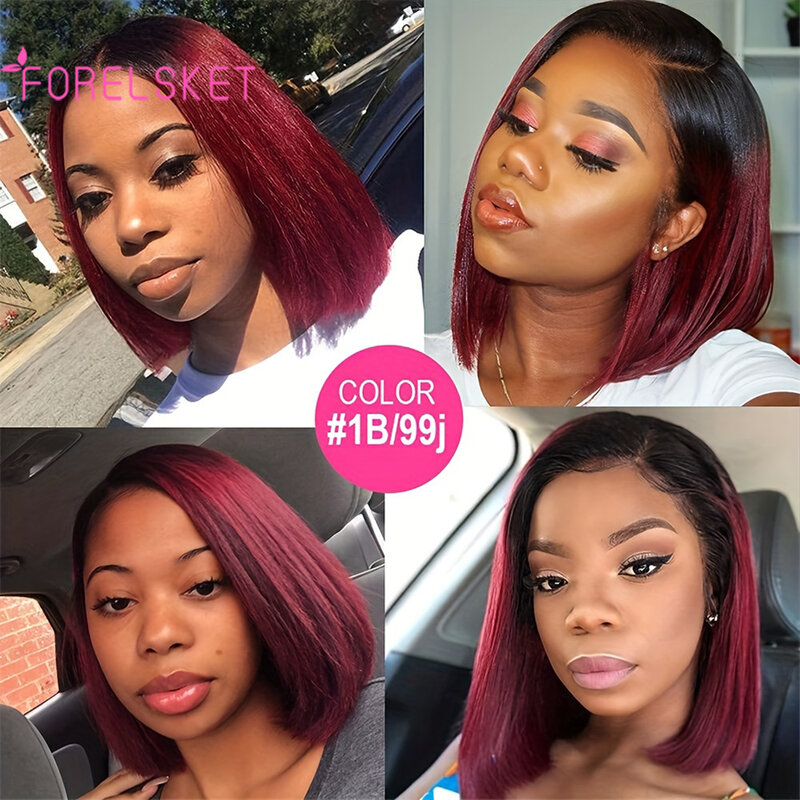 13x4 Pre-plucked Baby Hair Front Lace Bob Wig, Burgundy 1b/99j Gradient High Definition Transparent Lace Women's Wig colored wig