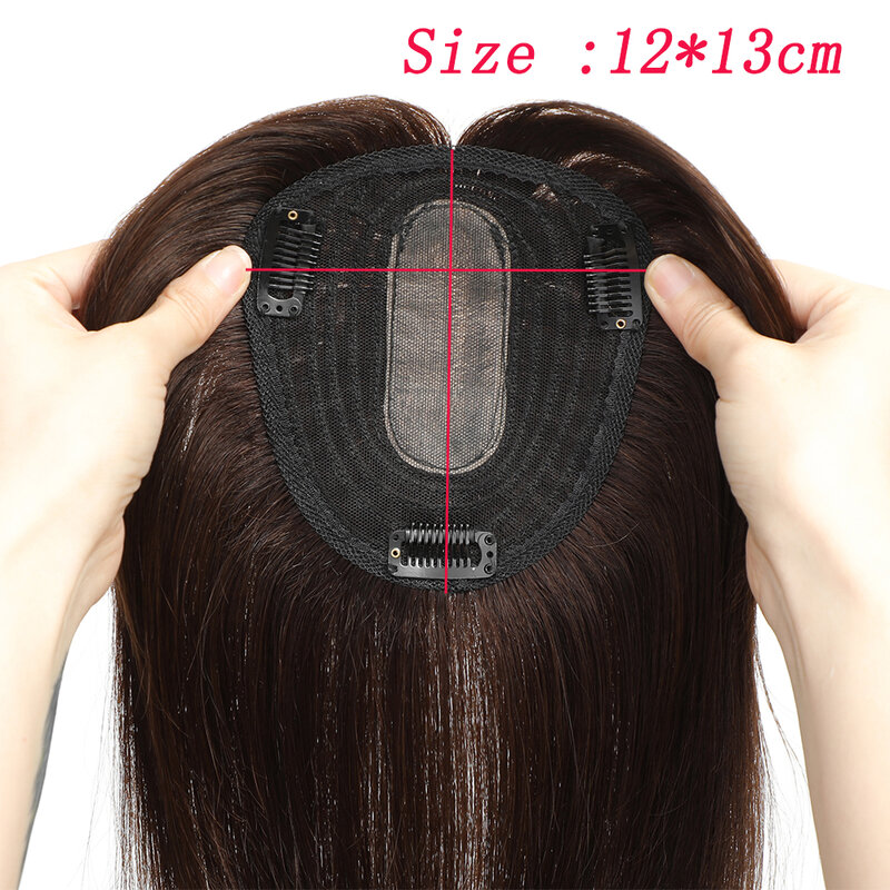 Lovevol atasan rambut palsu 12*13cm 10 "12" 14 ", dengan klip poni di bagian atas rambut untuk wanita dengan rambut tipis coklat gelap
