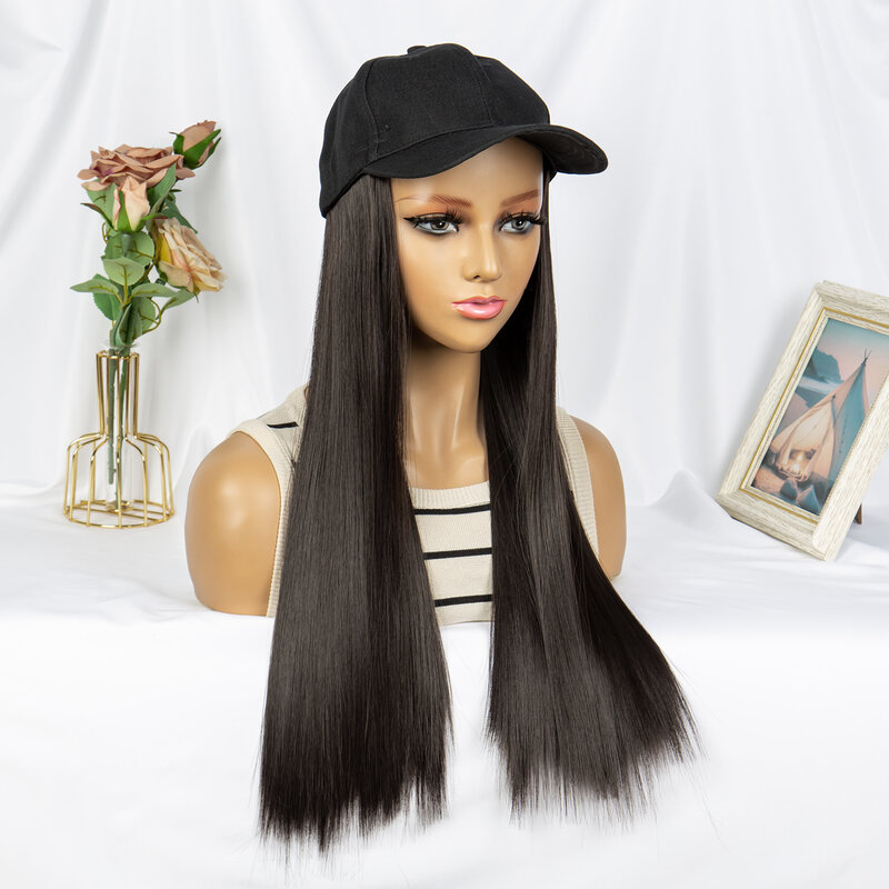 20 Inches Baseball Cap Wig with Straight Hair Extensions Hat Wig for Women Synthetic Hair Wig Cheap Adjustable Baseball Hat Wigs