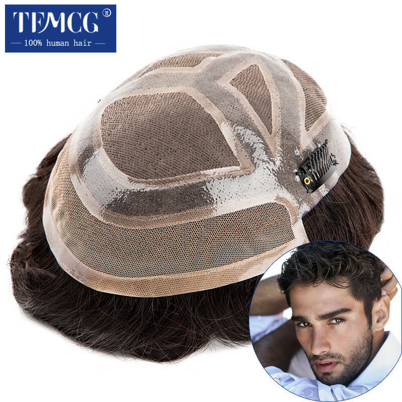 Men's Clip-On Hair Mono & Pu With Lace Front Durable For Male Hair Prosthesis 100%  Human Hair Toupee Men Wig Exhaust Systems