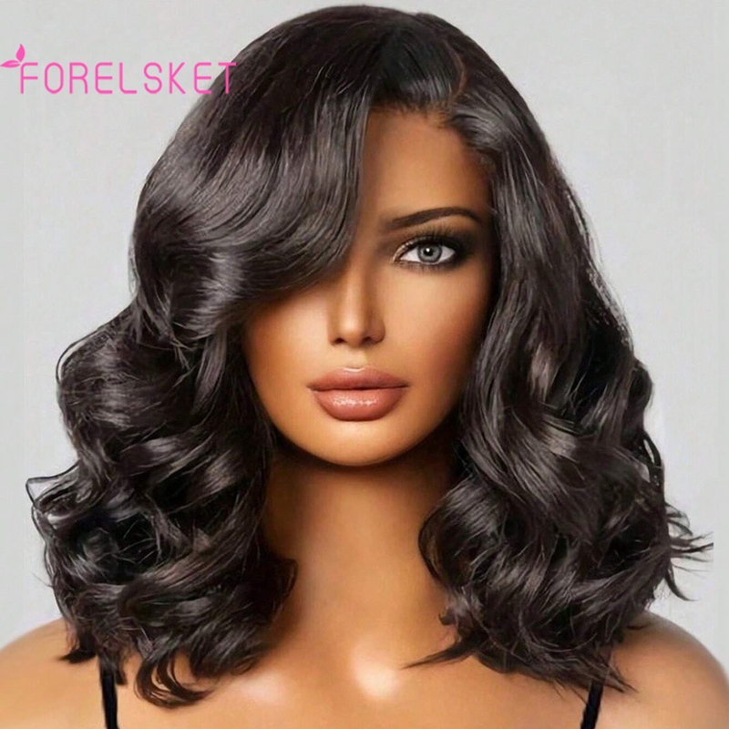 FORELSKET-Peluca de cabello 100% humano ondulado para mujer, postizo de encaje frontal de 13x4x1 HD con densidad de 180%, corte Bob, Color Natural