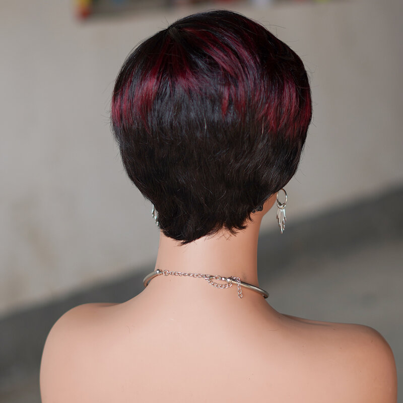 Pelucas de cabello humano brasileño Remy, corte Pixie corto, sin pegamento, Color liso, hecho a máquina, con flequillo, T1B/99J