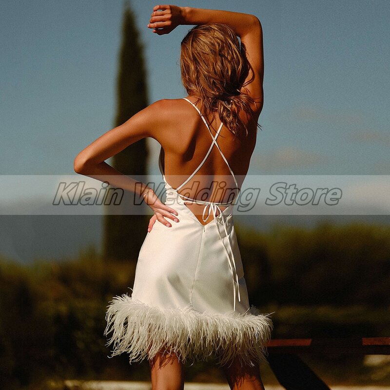Weilinsha Sexy Mini Length Feathers Wedding Dress Simple V Neck Criss Cross Back Satin Spaghetti Straps Bridal Gowns Custom Made
