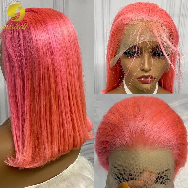 Peruca frontal colorida do laço, Bob curto, cabelo humano brasileiro reto, densidade de 180%, cor-de-rosa, azul, roxa