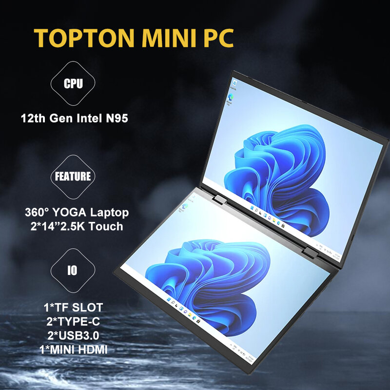 Doppio Touch Screen 14 "360 ° Monitor pieghevole portatile 1080P FHD IPS 12th Gen Intel N95 Windows 11 2 * USB3.0 2 * Type-C 1 * Mini Hdmi