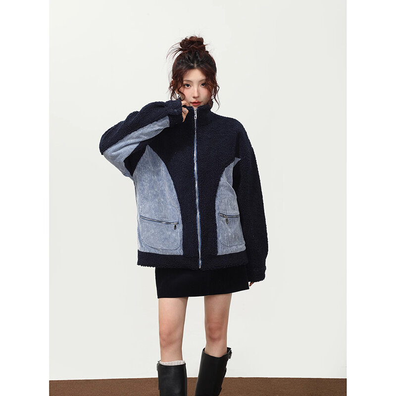 Jaqueta de caxemira americana à prova de vento para mulheres, casaco de lã, gola alta, casual acolchoada Parkas, retrô, outono, inverno
