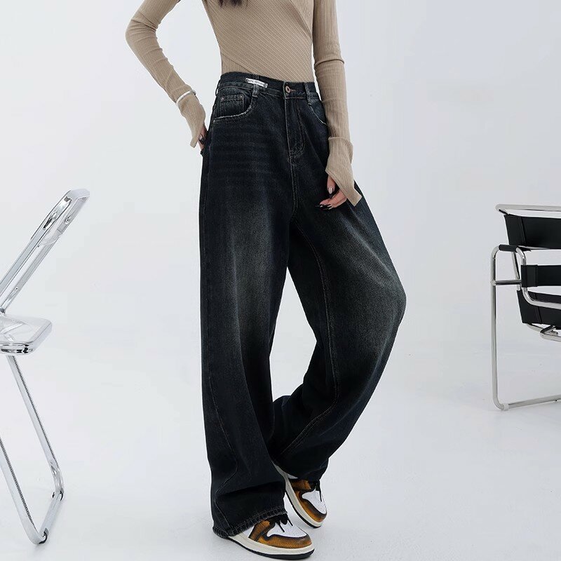 Calça jeans folgada de cintura alta feminina, jeans reto, estilo streetwear vintage, perna larga, moda americana