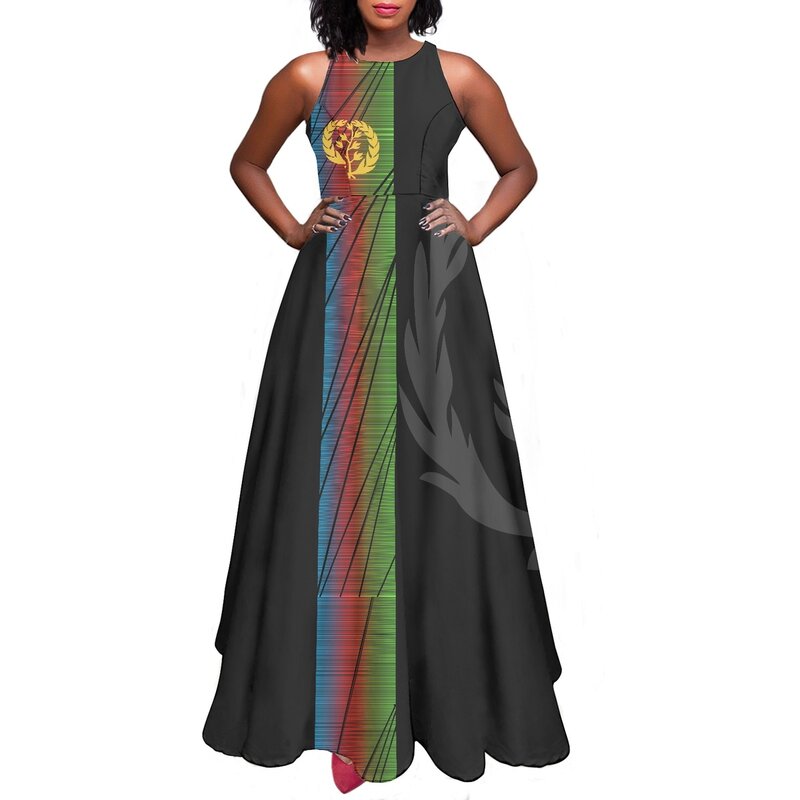 Impressão etíope vestido sem mangas praia vestido de férias feminino temperamento de verão all-match casual meados de comprimento vestido