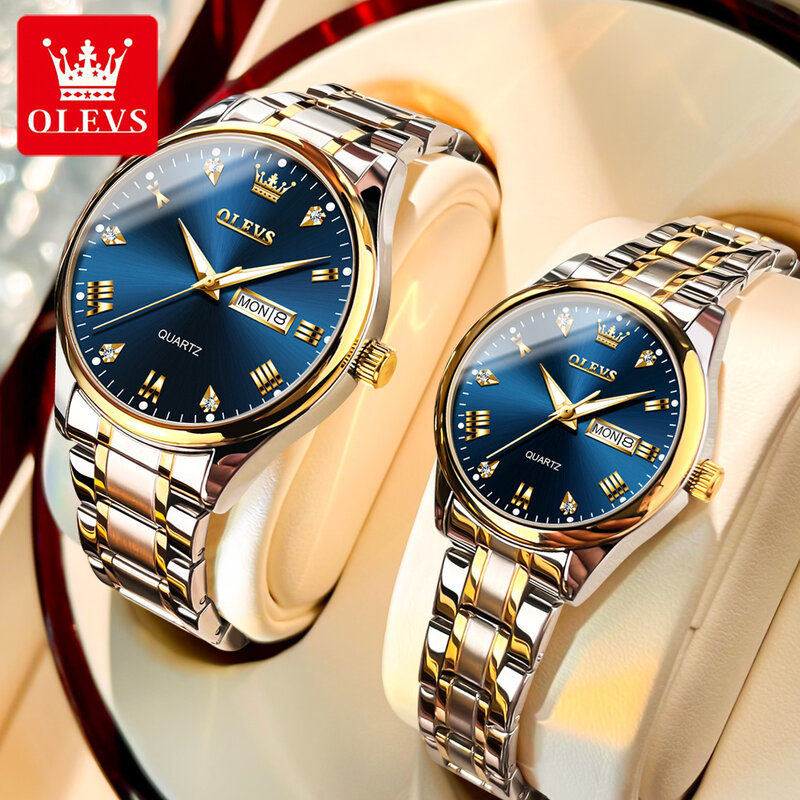 Olevs-男性と女性のためのステンレス鋼の腕時計、カップルの時計、ファッション、日付、週時計、防水、hd発光、ギフトボックスセット
