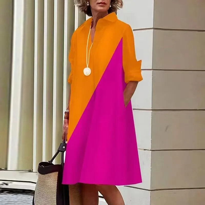 Robe Chemise de Luxe pour Femme, Chemisiers Élégants, Orange et Rouge, Imprimé, Col Rabattu, Poche, Été, 2024