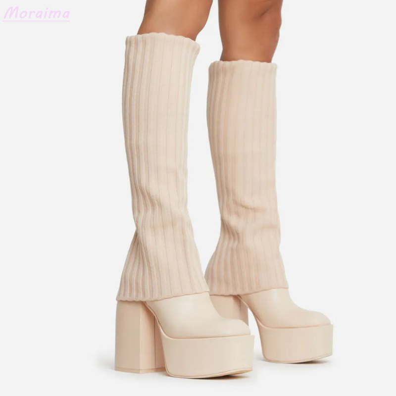 Layered Knit Leather Knee-High Boots Platform Block Chunky Heel Pointed Toe White Solid Modern Women Shoes New Arrivals Autumn