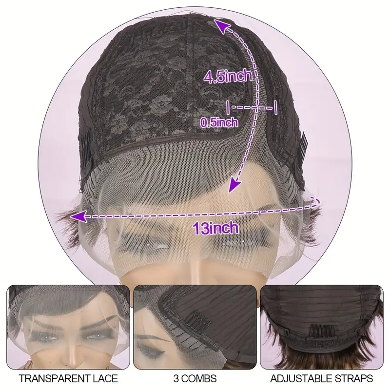 Peluca de cabello humano liso con corte Pixie para mujer, postizo de encaje Frontal, 6 pulgadas, 13x4