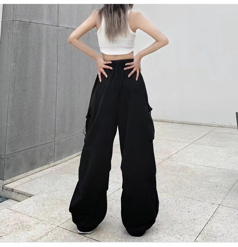 Y2K Cargo Pants Straight Wide Leg Drawstring Trousers Women Oversize Jogger Kpop High Waisted Breathable Solid Color Sweatpants