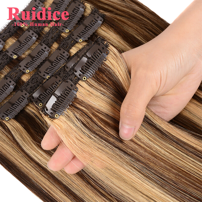 P4/27 Piano coklat penyambung rambut pirang klip dalam ekstensi rambut manusia klip dalam ekstensi kepala penuh rambut Brasil untuk wanita