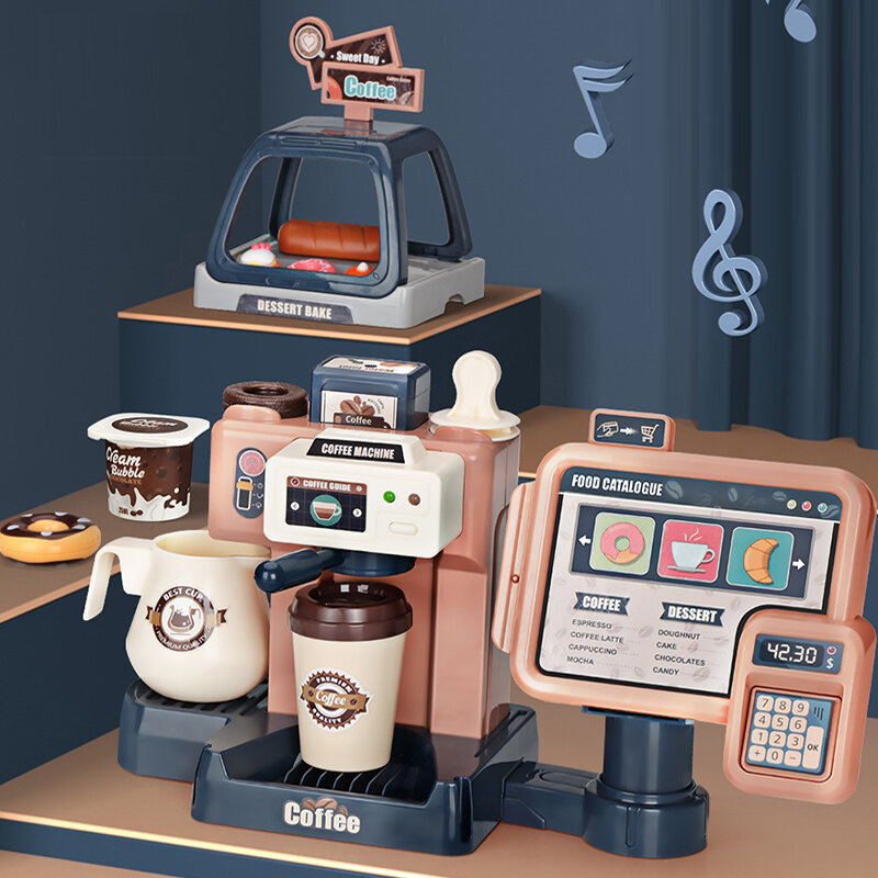 Set Mainan Mesin Kopi Anak-anak Mainan Dapur Simulasi Makanan Roti Kue Kopi Berpura-pura Bermain Kasir Belanja Mainan untuk Anak-anak