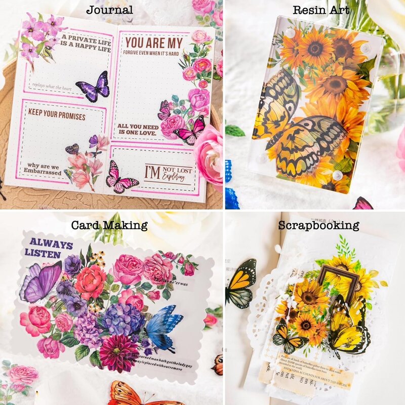 300 pezzi adesivi trasparenti a farfalla e fiori, decalcomanie in resina per carta Bullet Journal Scrapbook Junk Planner forniture artigianali