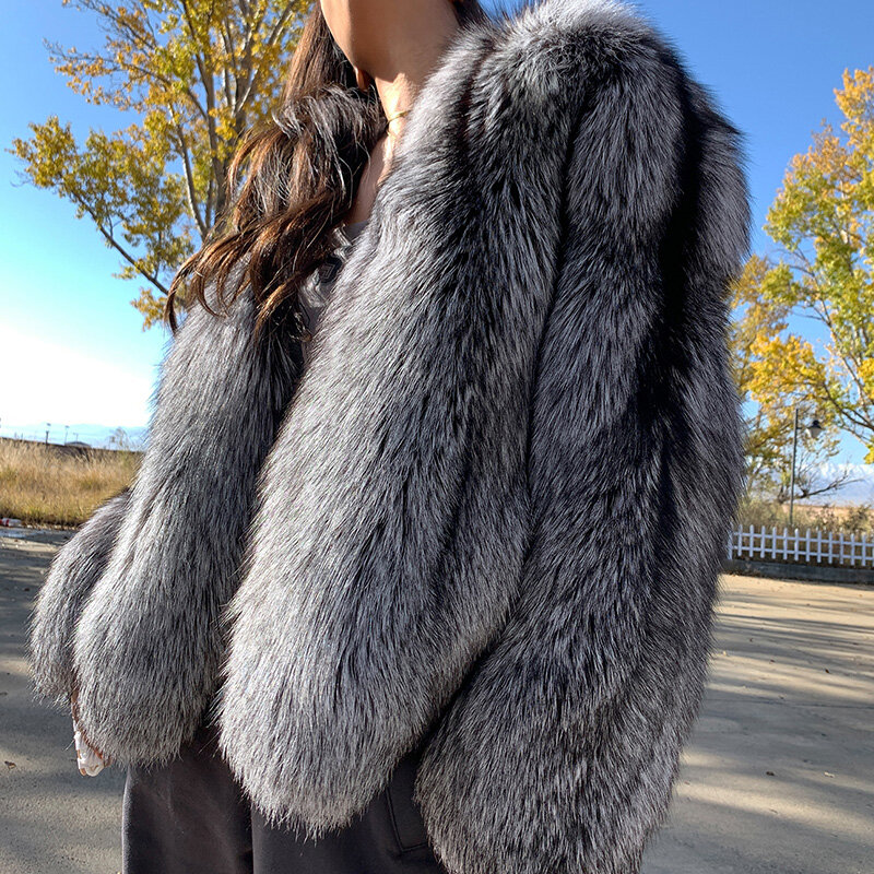 Real  Natural Silver Fox Fur Coat Highend Quality Genuine  Women Winter Luxury Female Jacket Long Sleeve