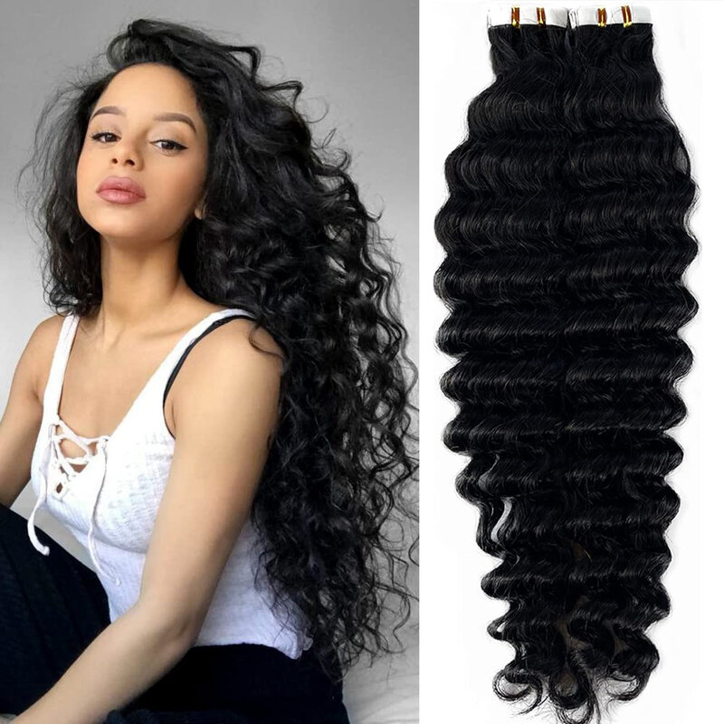 Deep Wave Tape In Extensions 100% Human Hair Deep Curly Tape on Hair Extensions Skin Weft Remy Natural Hair Extensions For Woman
