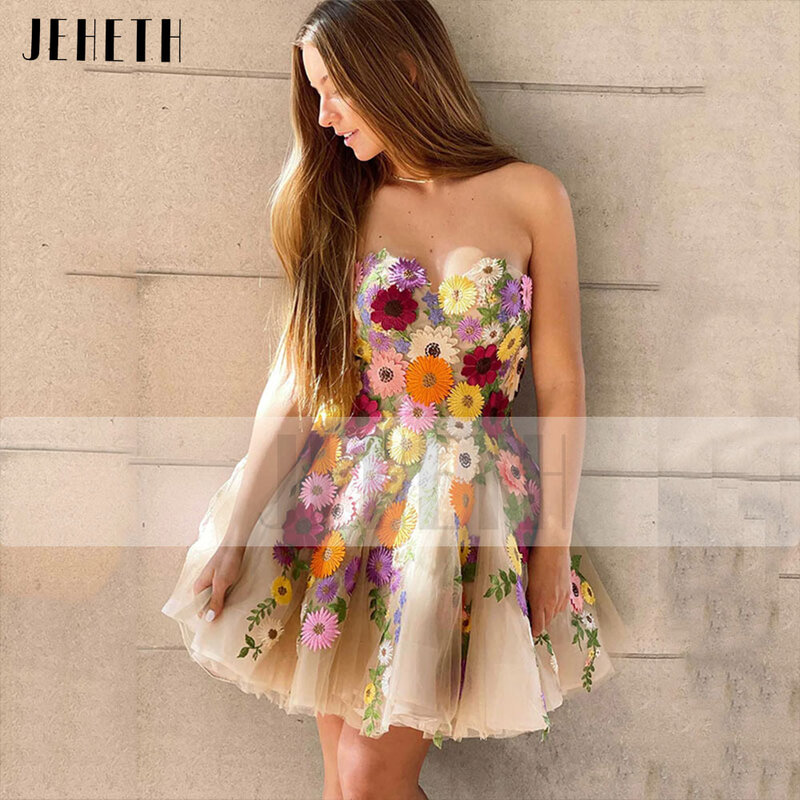 JEHETH Champagne Strapless Flowers Tulle Mini Prom Homecoming Dress Exquisite Sweetheart A Line Evening Party Graduation Gown