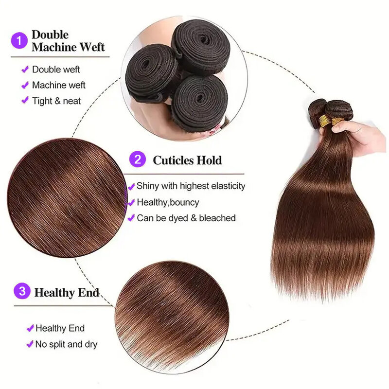 Extensões de cabelo humano para mulheres, marrom escuro, pacotes retos, laço frontal, 13x4, cor #4