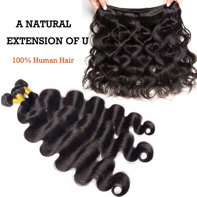 Body Wave Bundles with Closure 100% Unprocessed Brazilian Virgin Hair 3 Bundles with 13x4 Lace Closure Free Part Natural Color