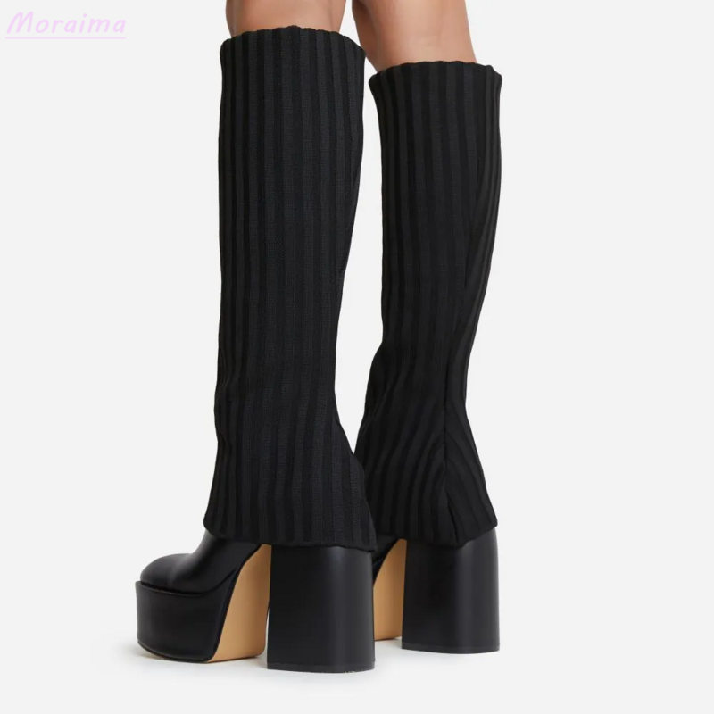 Layered Knit Leather Knee-High Boots Platform Block Chunky Heel Pointed Toe White Solid Modern Women Shoes New Arrivals Autumn