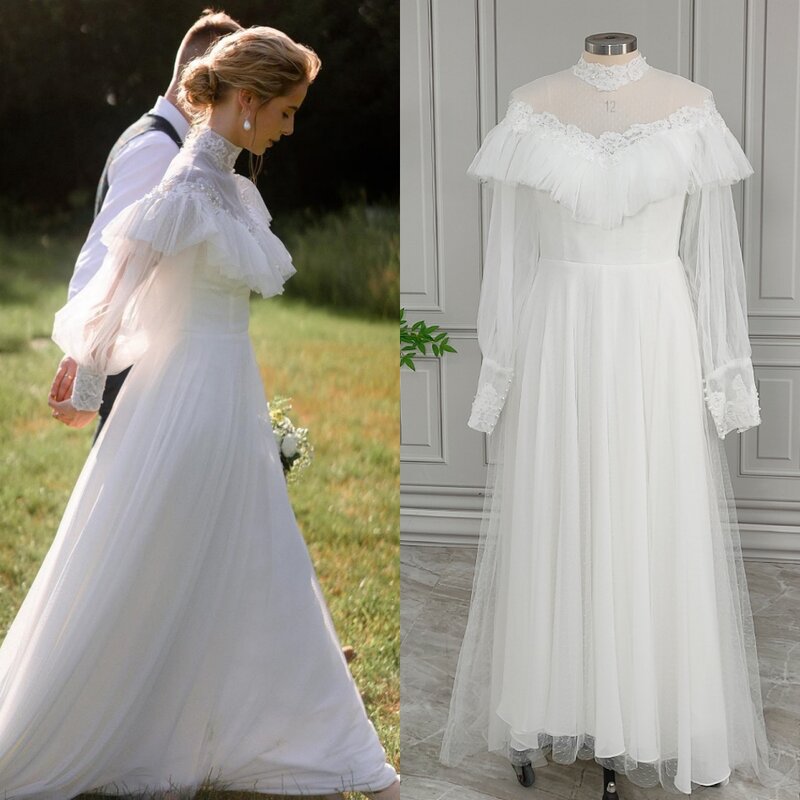 20030# Real Photos Vintage Victoria 1970s Tulle Wedding Dress Elegant Women Long Sleeves High Neck Bridal Gown For Party