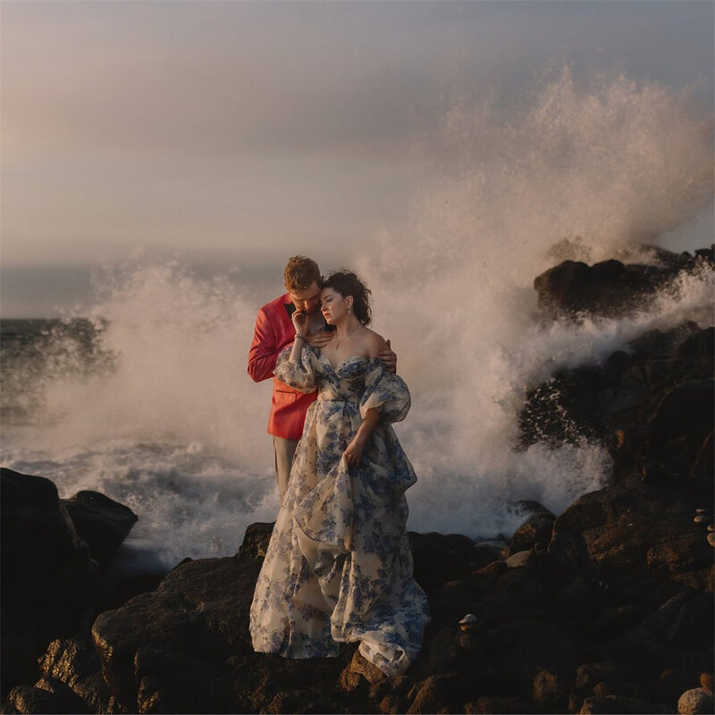 20104 # gaun pernikahan Organza motif bunga lengan mengembang menakjubkan untuk pengantin wanita 2024 gaun pengantin belahan depan untuk fotografi