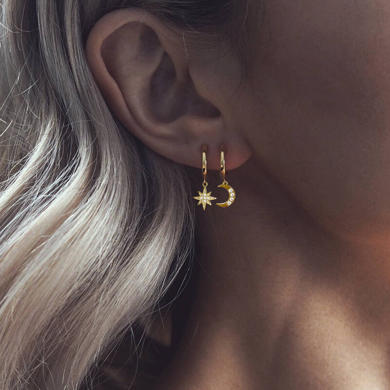 EManco-Boucles d'oreilles créoles en acier inoxydable pour femmes, étoile et lune esthétiques, boucle d'oreille pendante, bijoux fantaisie, vente en gros, 2022