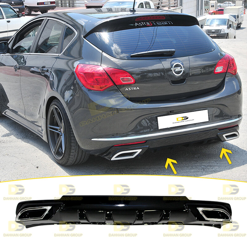 Opel Astra J 2012-2015 HB Sport Estilo Difusor Traseiro Lábio, 2 Pontas Chrome, Esquerda e Direita Piano Gloss plástico preto Kit OPC