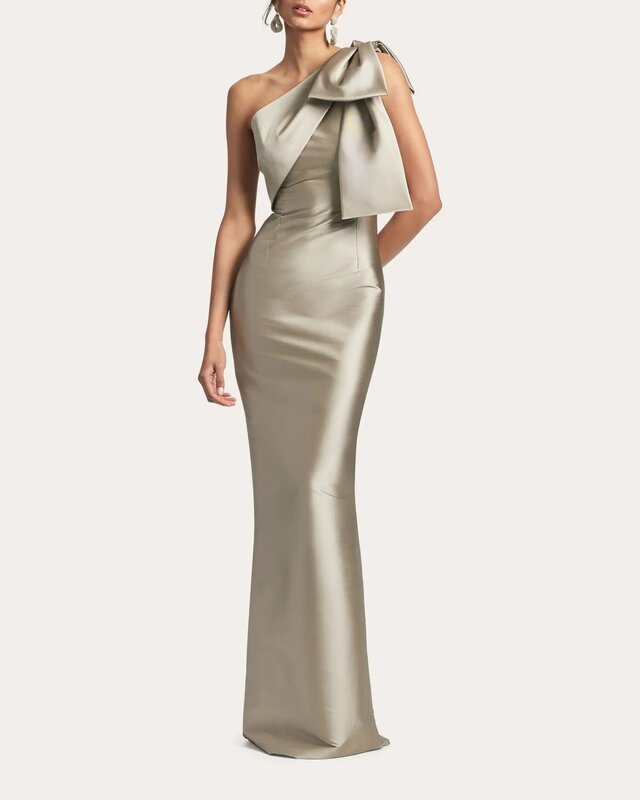 Satynowa sukienka wieczorowa na jedno ramię elegancka sukienka koktajlowa bez rękawów bez pleców sukienka typu Bodycon w stylu syreny sukienki na przyjęcie z duża kokardka