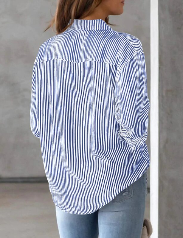 Camisa de manga comprida listrada para mulheres, blusa casual com botão, camisa básica diária, sem bolsos, estampa clássica, tops de outono e inverno, 2024