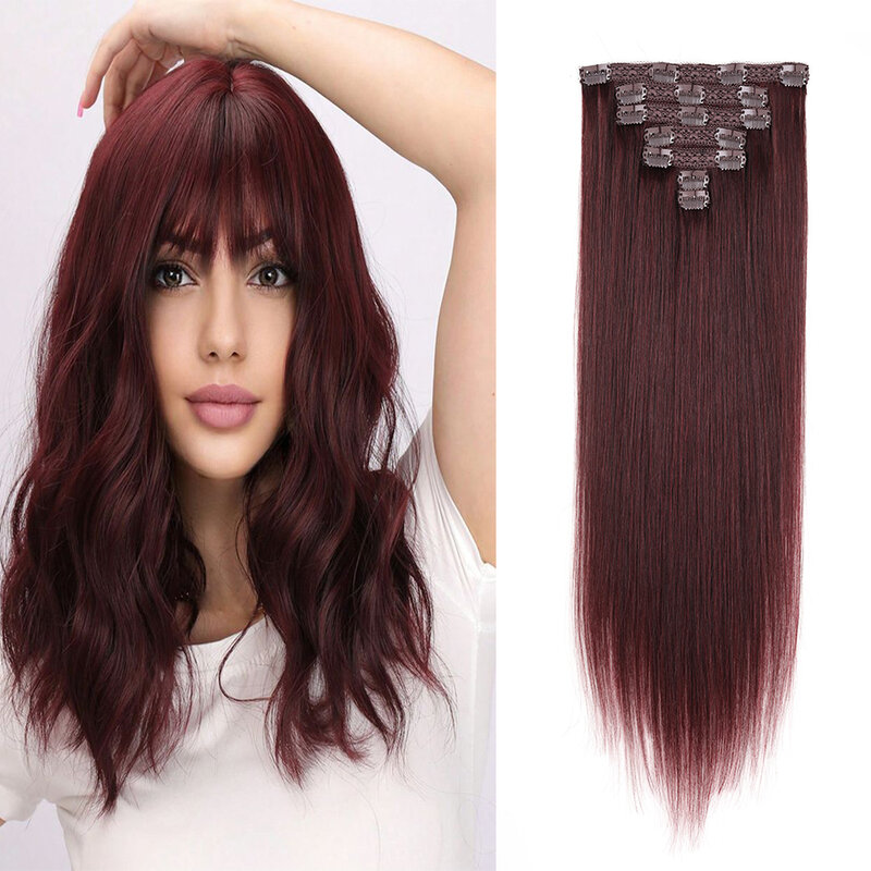 クリップイン-女性のための人間の髪の毛のエクステンション,まっすぐな髪,自然な茶色,本物のヘアエクステンション,長持ち,ブロンド,ワイン,赤