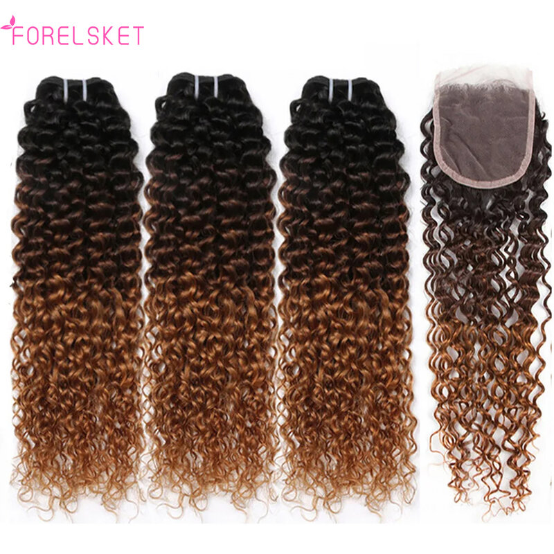 Bundles de cheveux afro crépus bouclés avec fermeture, 100% cheveux humains, extensions de cheveux Remy, tissage de cheveux, ombré