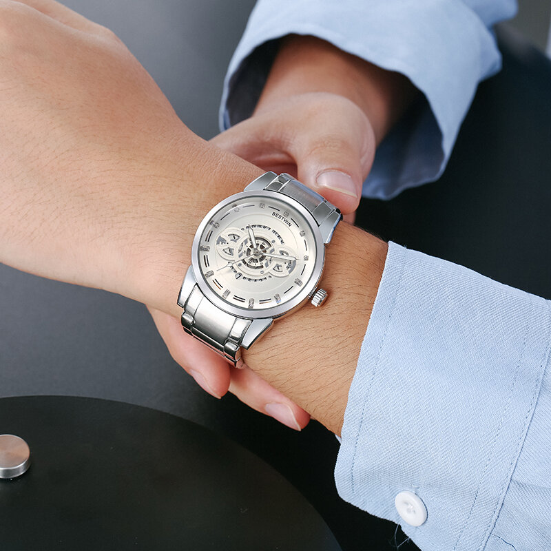 สายนาฬิกาสเตนเลสกลวงตัวเลขโครงกระดูกนาฬิกาข้อมือสำหรับผู้ชายหรูหรา Wristwatch2023ควอตซ์ของขวัญนาฬิกาข้อมือธุรกิจสำหรับผู้ชาย
