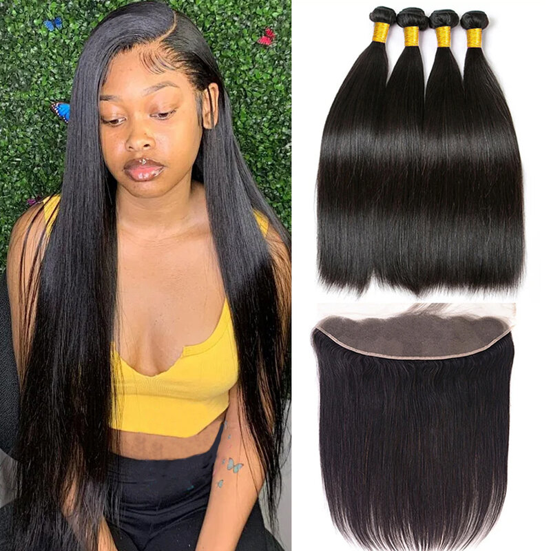 Brazilian Bone Straight 3 Bundles With Transparent 13x4 Lace Frontal Human Hair Extensions 28 30 32 Inch Weavings For Women
