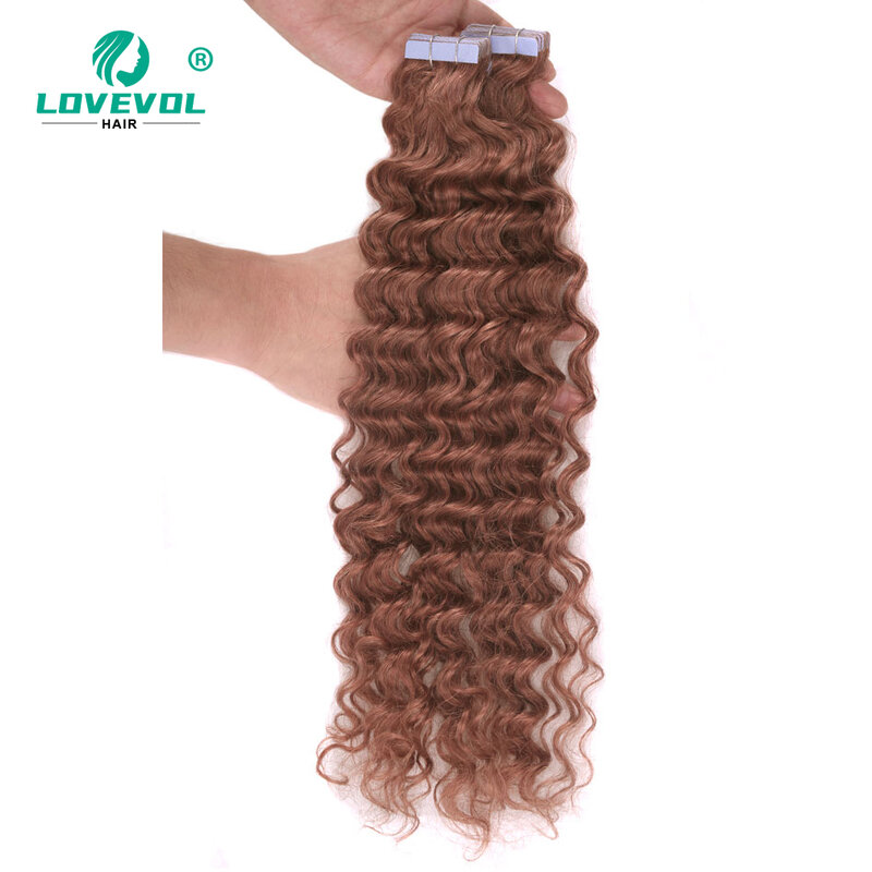 Tape In Human Hair Extensions Deep Wave Remy Brazilian Hair Skin Weft Tape Ins Curly Hair 20 pcs/set Black Brown Blonde Color