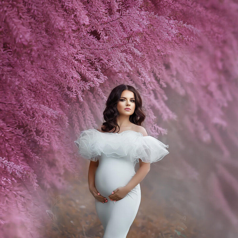 Fotografia ciążowa rekwizyty Baby Shower długie sukienki zdjęcie ciążowe Shoot sukienka wygodna elastyczna tkanina dla kobiet w ciąży