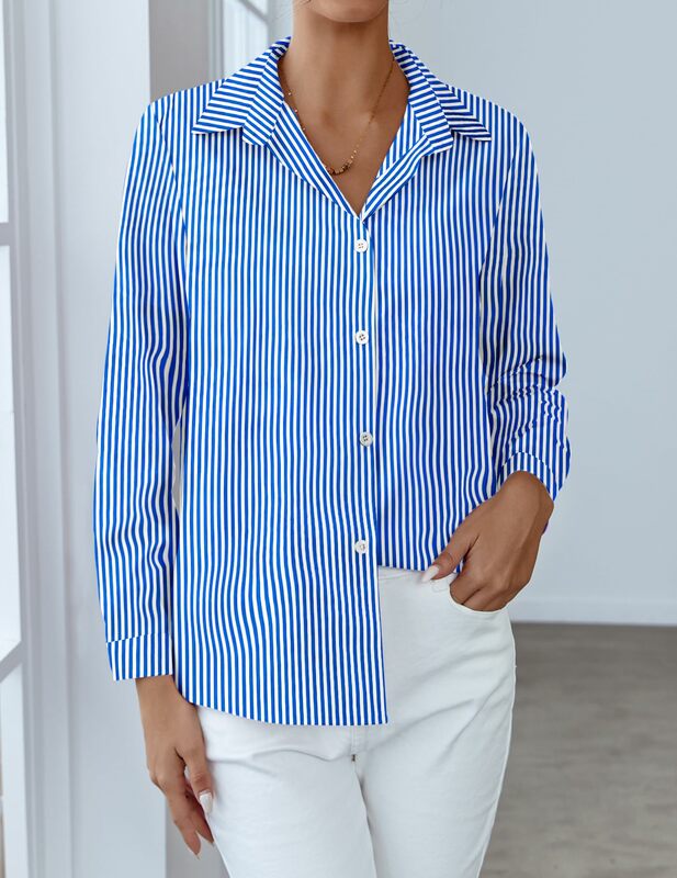 قميص نسائي كلاسيكي مطبوع بأزرار مخطط وأكمام طويلة ، بلوزات زرقاء ، ملابس نسائية صيفية ، موضة ، 5XL ، مناسب ،