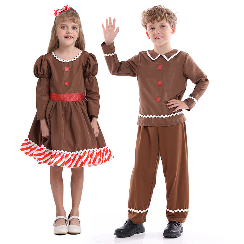 Disfraz de hombre de jengibre para niño y niña, vestido de Navidad, elfos de Ginerbread marrones, traje dividido para niños para Cosplay de Halloween