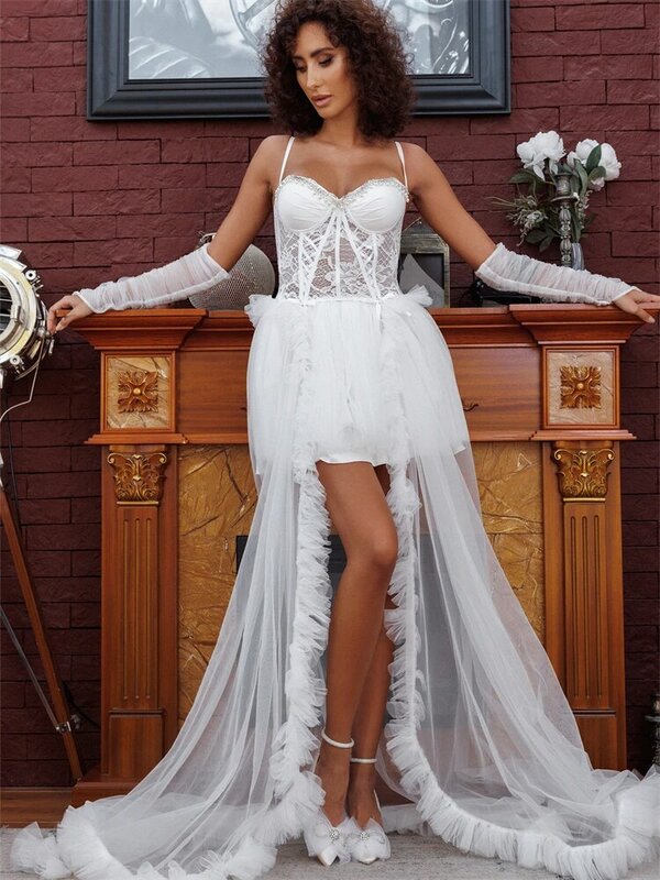 Elegant Spaghetti Strap Lace Bride Robe For Wedding Soft Tulle Bridal Shower Dress With Gloves Women Night Gwon عرس لينجري2024