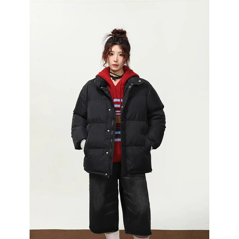 Jaket Puffer empuk katun kerah tegak ritsleting musim dingin mantel hangat tebal gaya Preppy mode Korea baru
