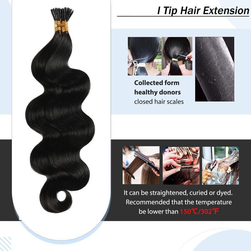 Body Wave I Tip Microlinks extensiones de cabello 1g/strand # 1B Stick Tip extensiones de cabello humano, paquetes de cabello virgen brasileño a granel