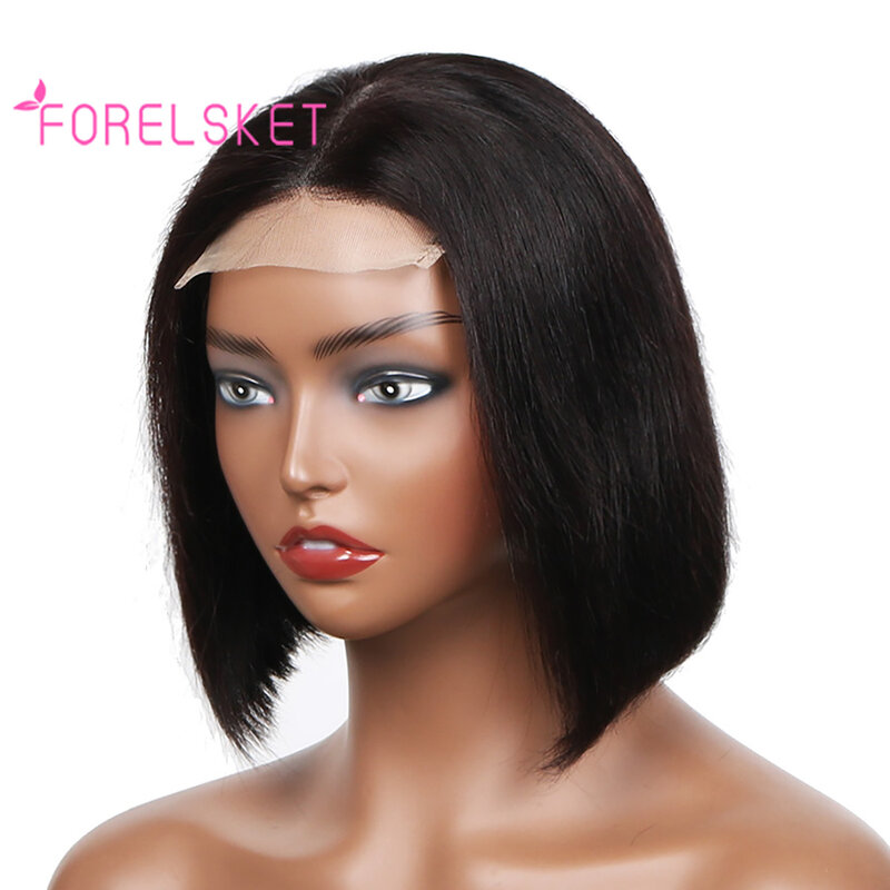 Peluca de cabello humano liso con encaje frontal para mujer, pelo corto sin pegamento, corte Bob, 4x4