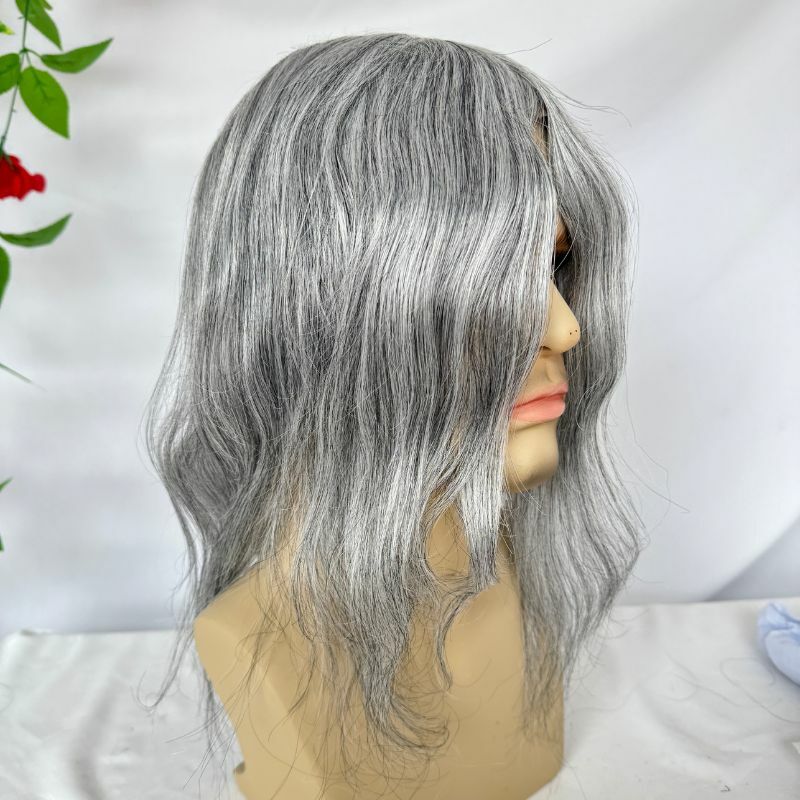 Pwigs 12 Inch Full French Lace Men Toupee 1b80 20% Human Black Hair Mixed with 80% Synthetic Gray European Hair System