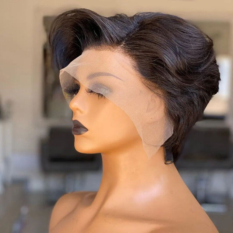 Peluca de cabello humano con corte Pixie para mujer, postizo de encaje transparente 13x4, corte Bob corto, parte en T, brasileño
